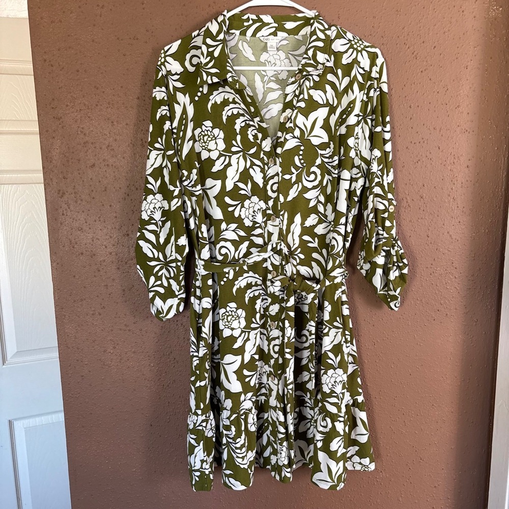 Cato Olive Green White Floral Button Down Shirt Dress Tie Waist Roll Tab Medium